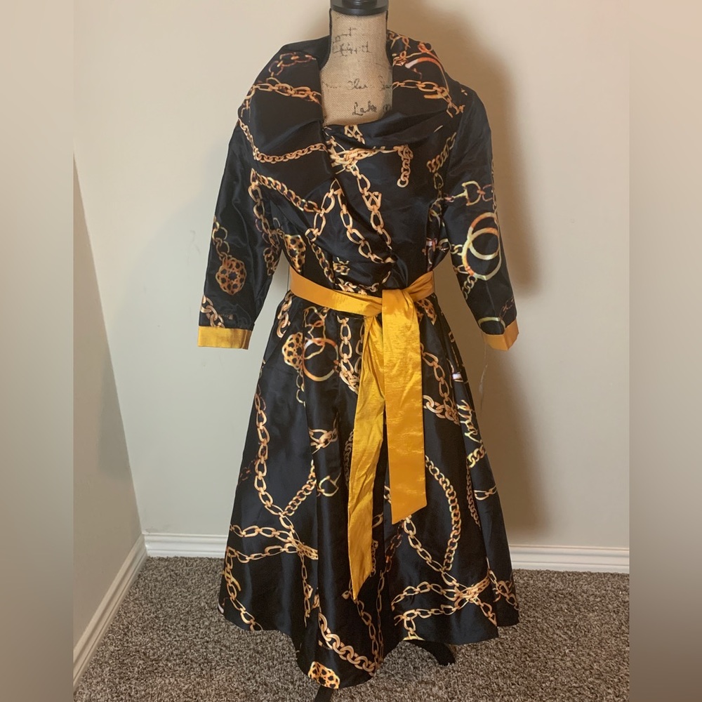 Black, gold chain print dress.